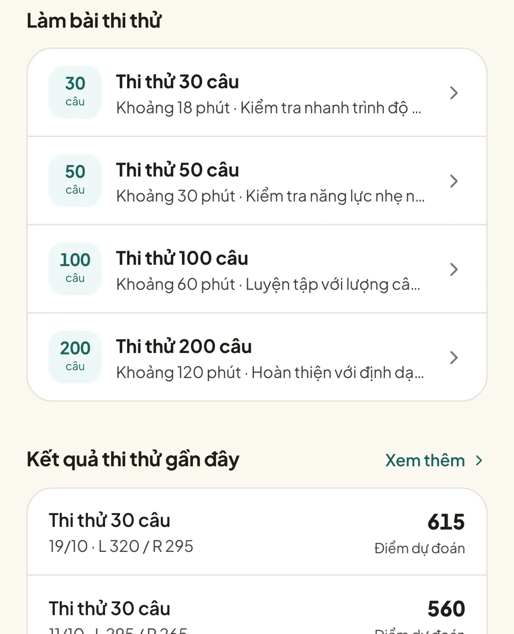 Màn hình bài thi thử, hiển thị 4 độ dài đề cùng kết quả thi thử gần đây và điểm dự đoán
